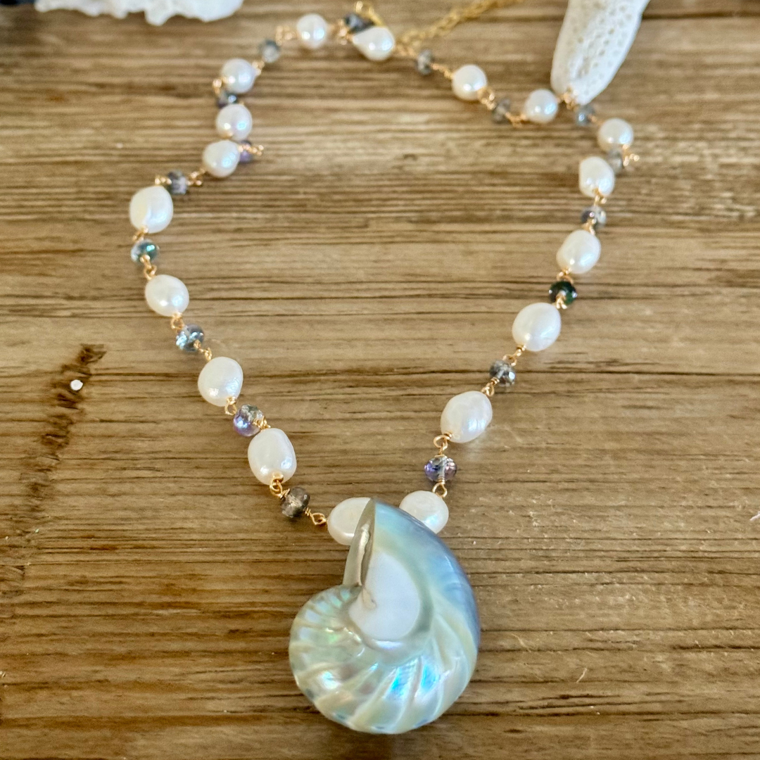 Feelin' Nauti Blue Nautilus & Pearl Necklace