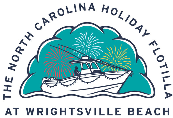 Logo for The North Carolina Holiday Flotilla at Wrightsville Beach featuring a boat and fireworks.
