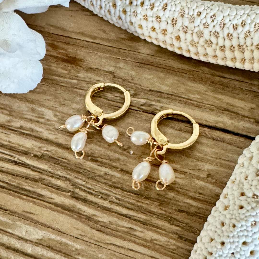 A pair of Huggie earrings with a trio of freshwater pearls on each hoop
handcrafted with 14k gold filled wire huggie close clasps. Displayed on beachy wood surface between creamy white coral and starfish.