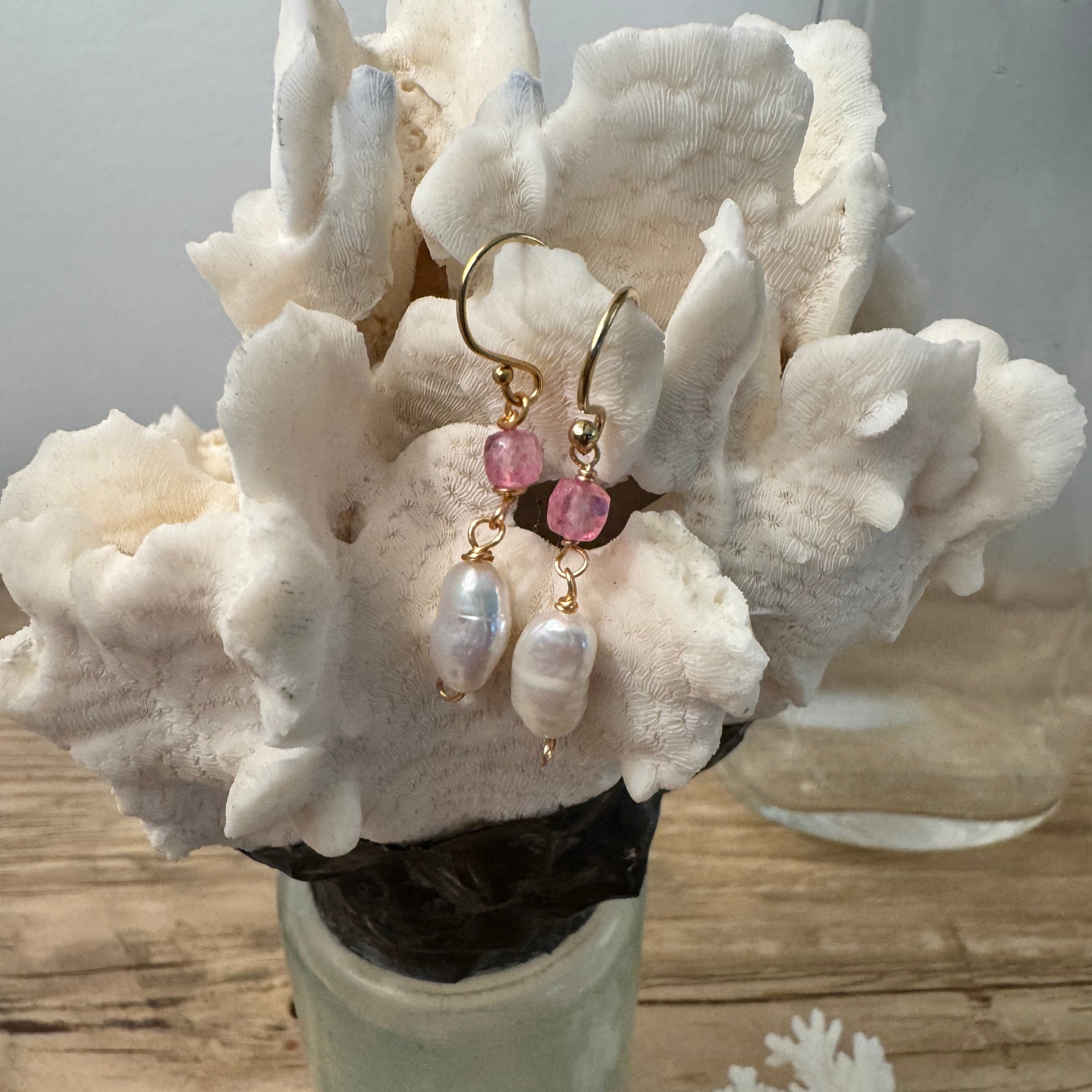 Pink Topaz & Pearl Earrings