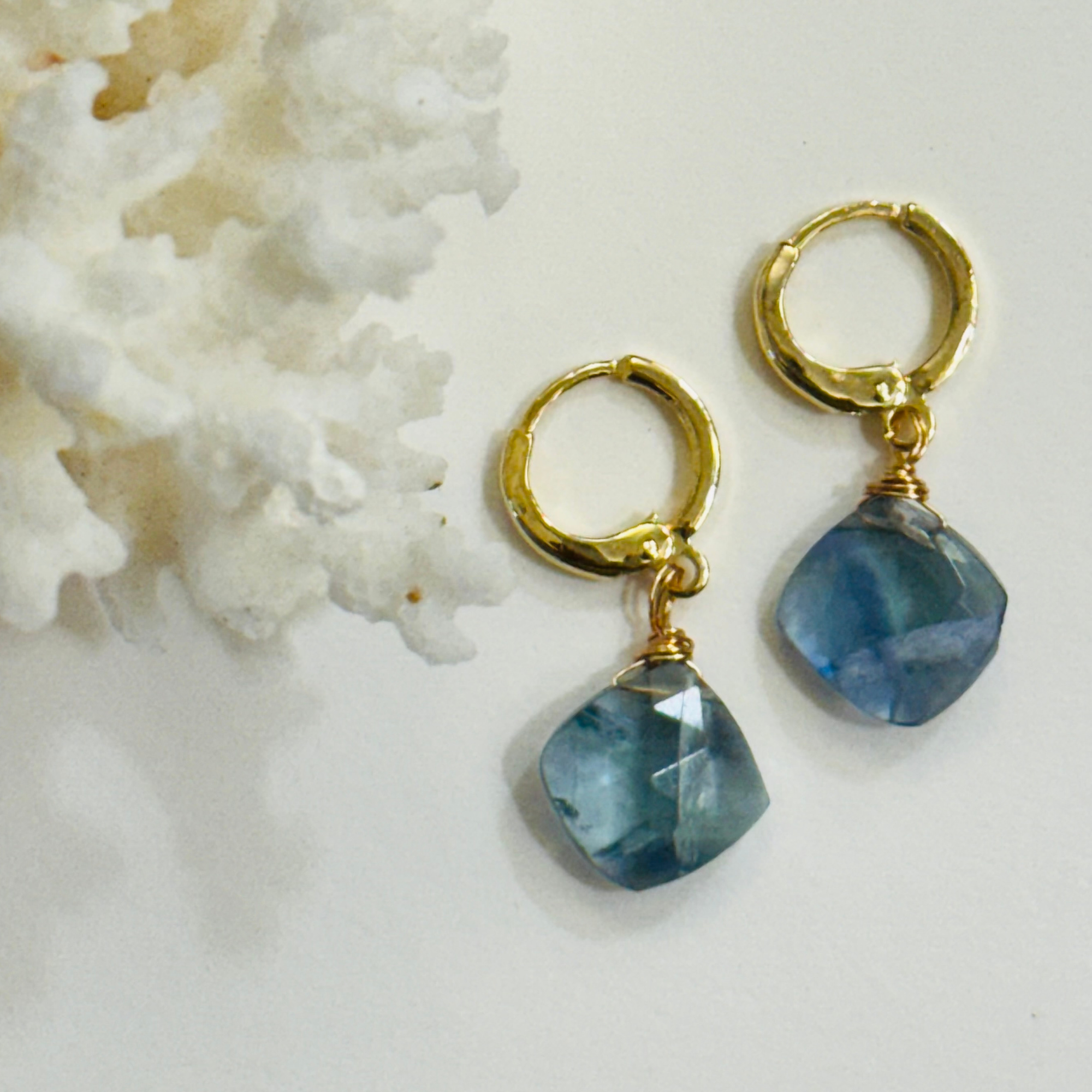 A pair of earrings with a genuine teal fluorite gemstone on each 14k gold filled huggie hoop is displayed on a white background and framed by white coral.