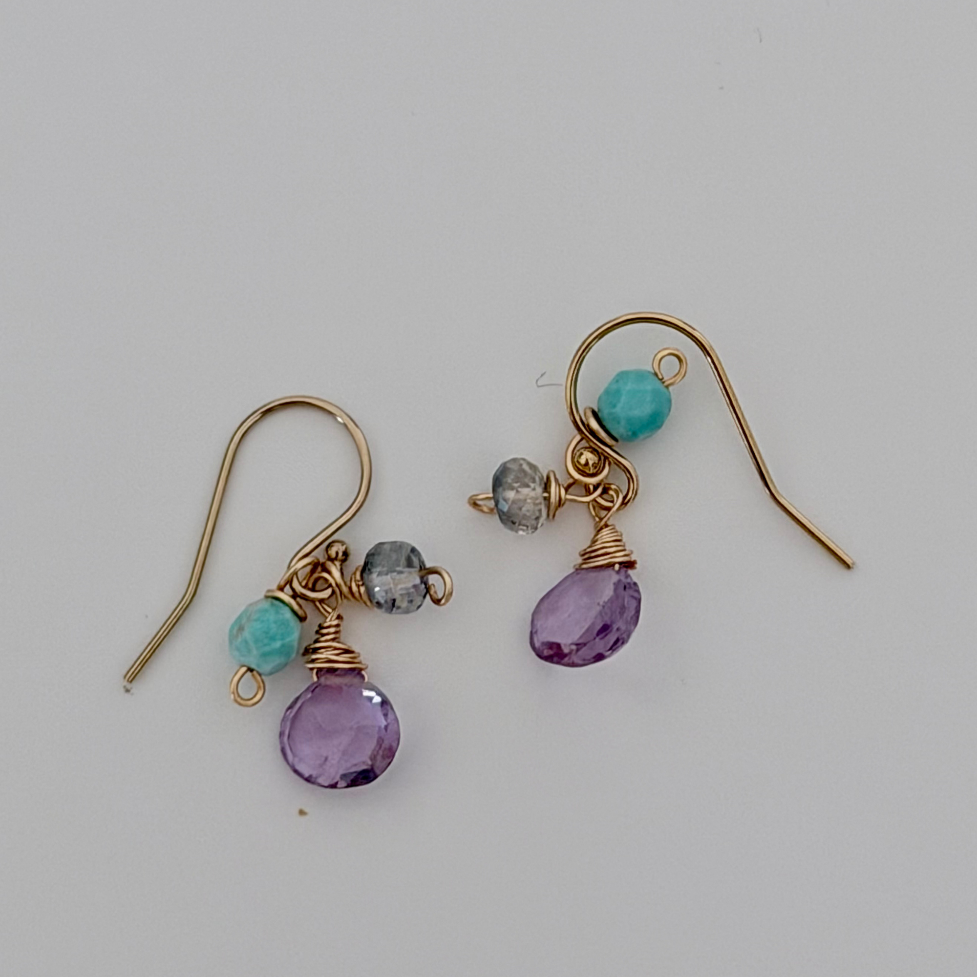 Amethyst, Topaz & Turquoise Mini Earrings In white background 