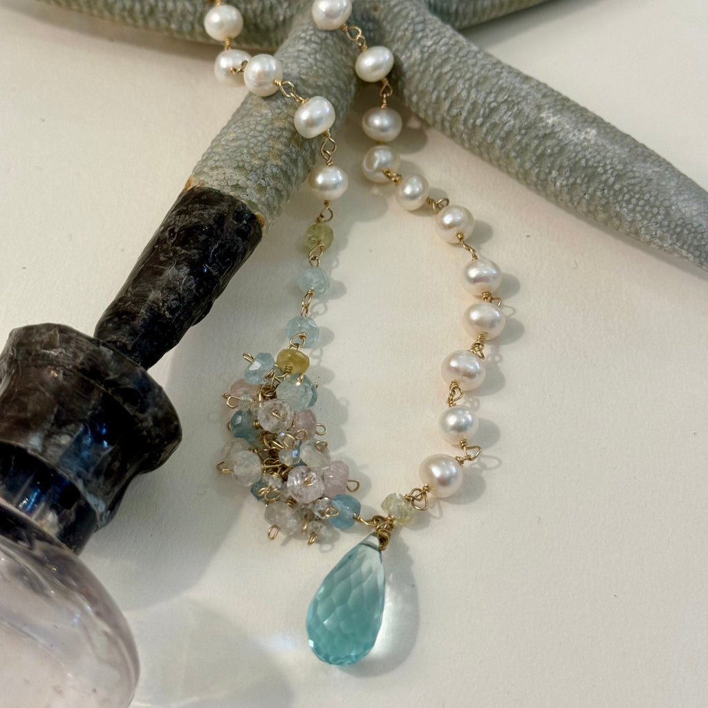 Aquamarine Briolette & Pearl Necklace