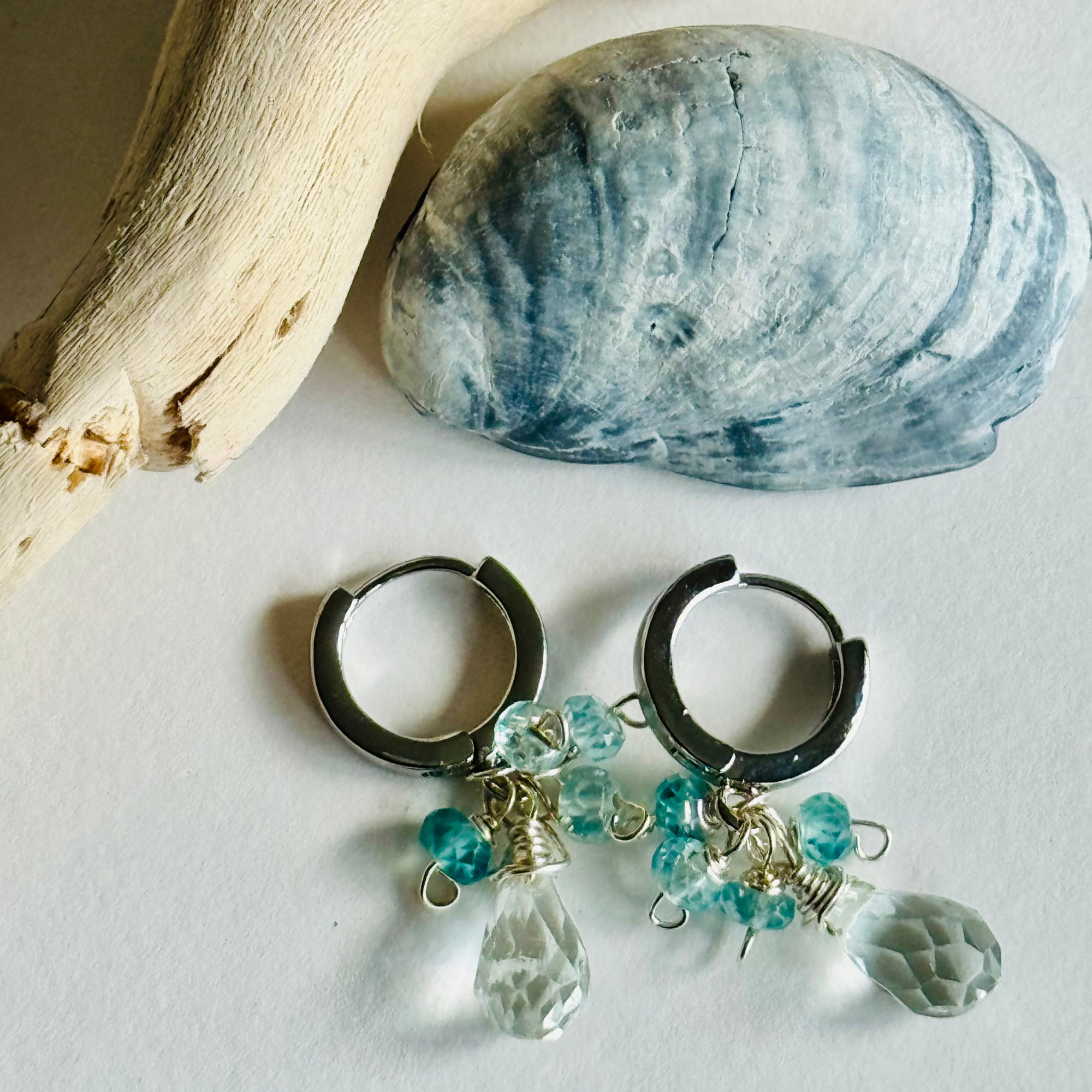 Aquamarine & Topaz Silver Huggie Earrings