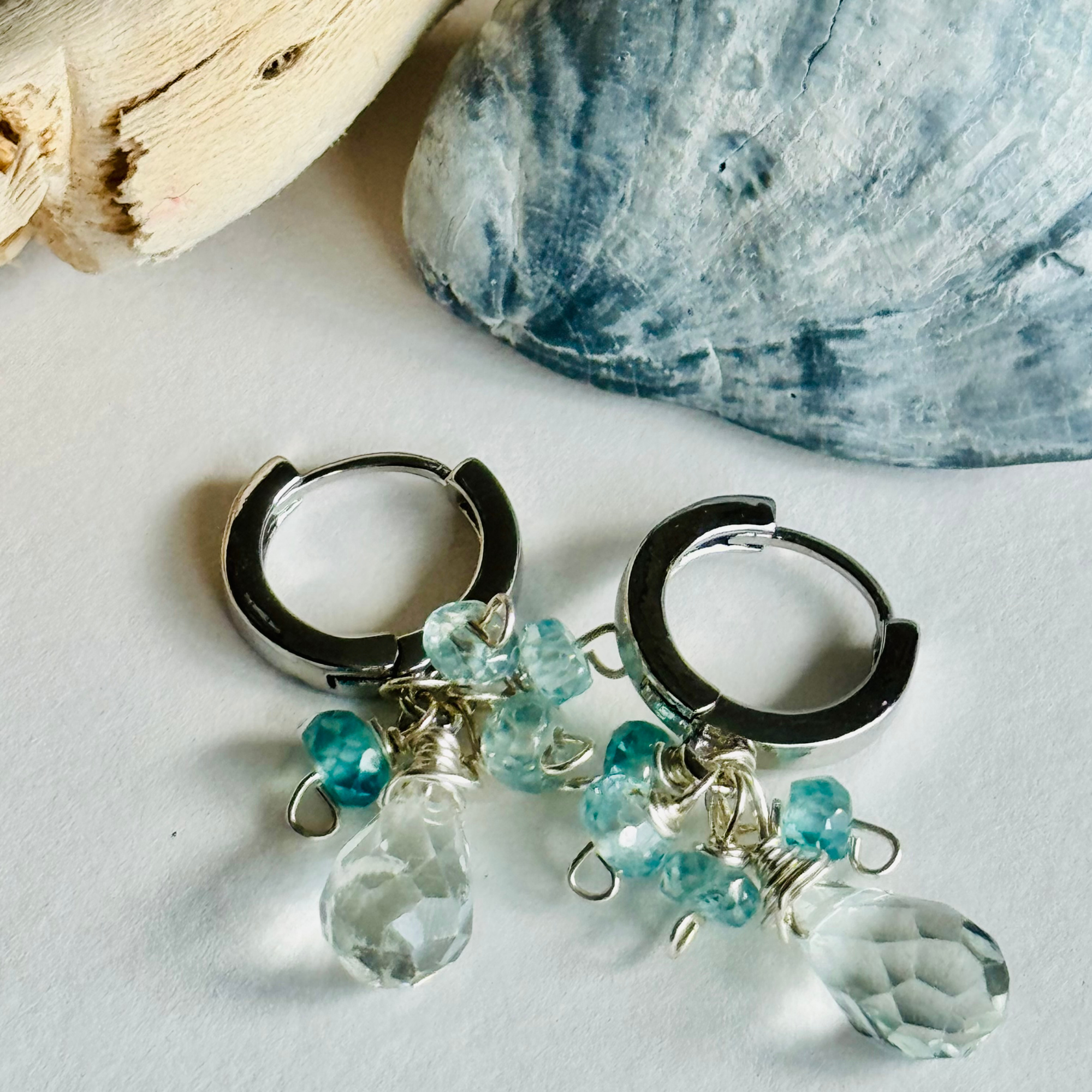 Aquamarine & Topaz Silver Huggie Earrings