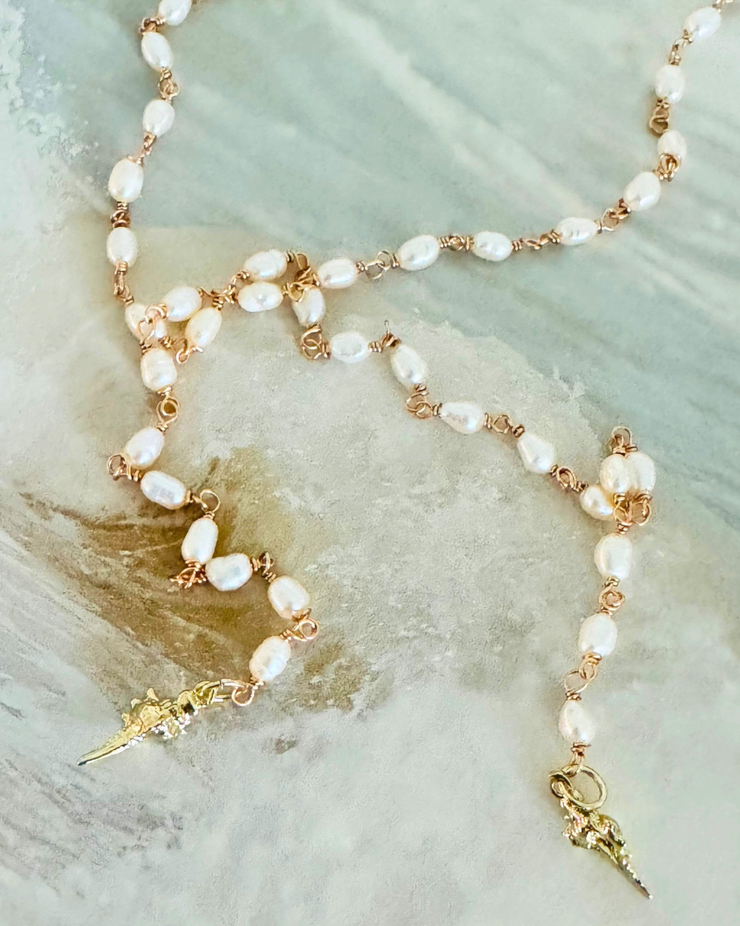 Pearl Lariat Necklace with Seashell Charms
