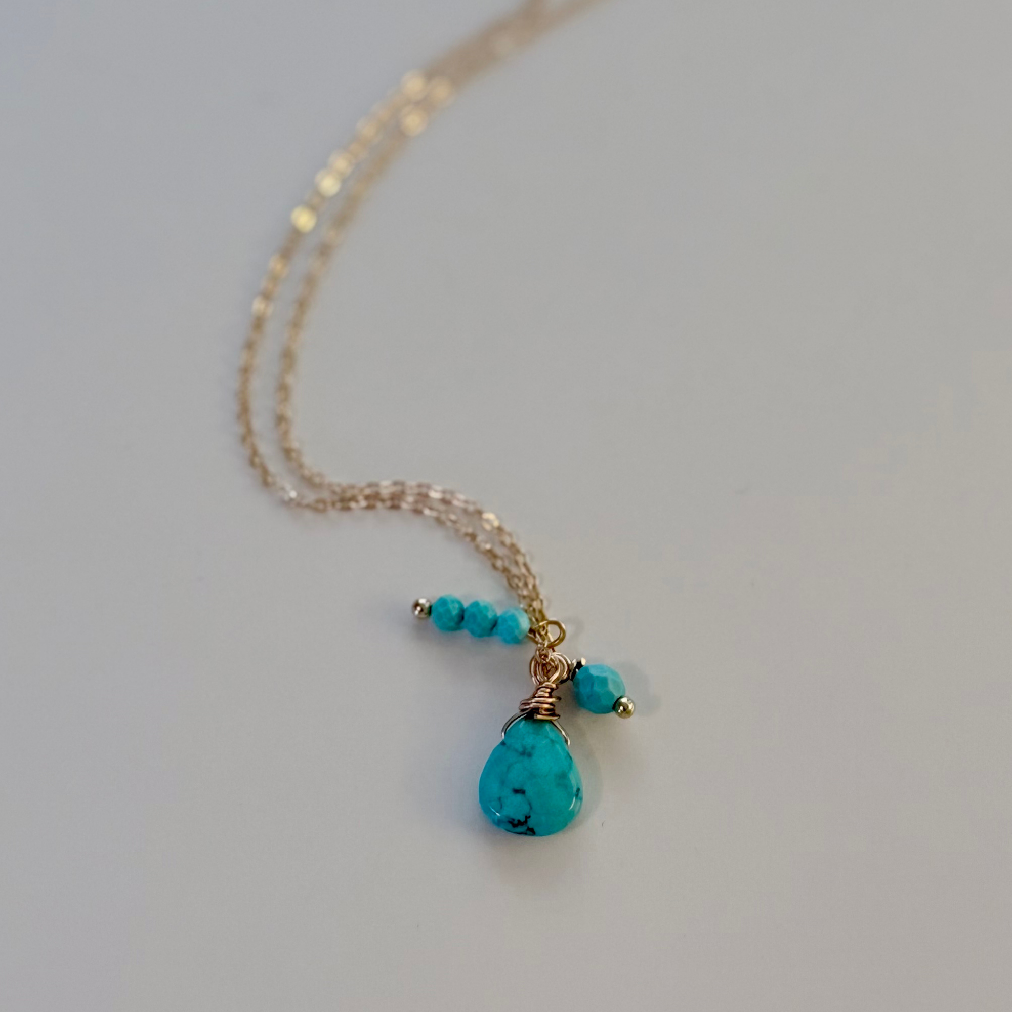 Dainty Turquoise Cluster Necklace 14k gold filled  on white background
