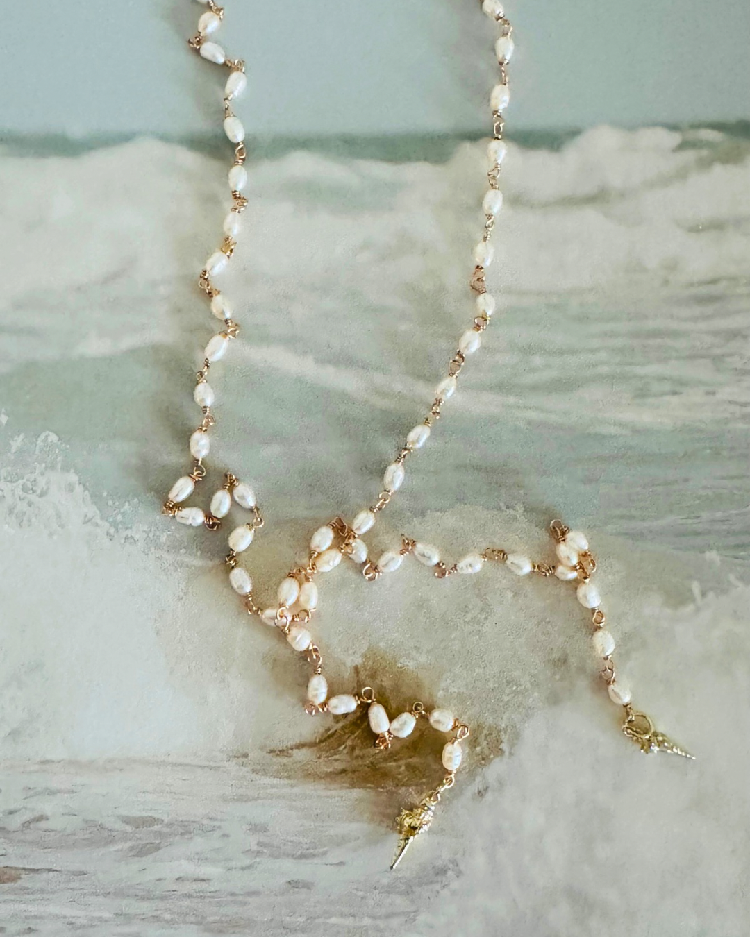 Pearl Lariat Necklace with Seashell Charms