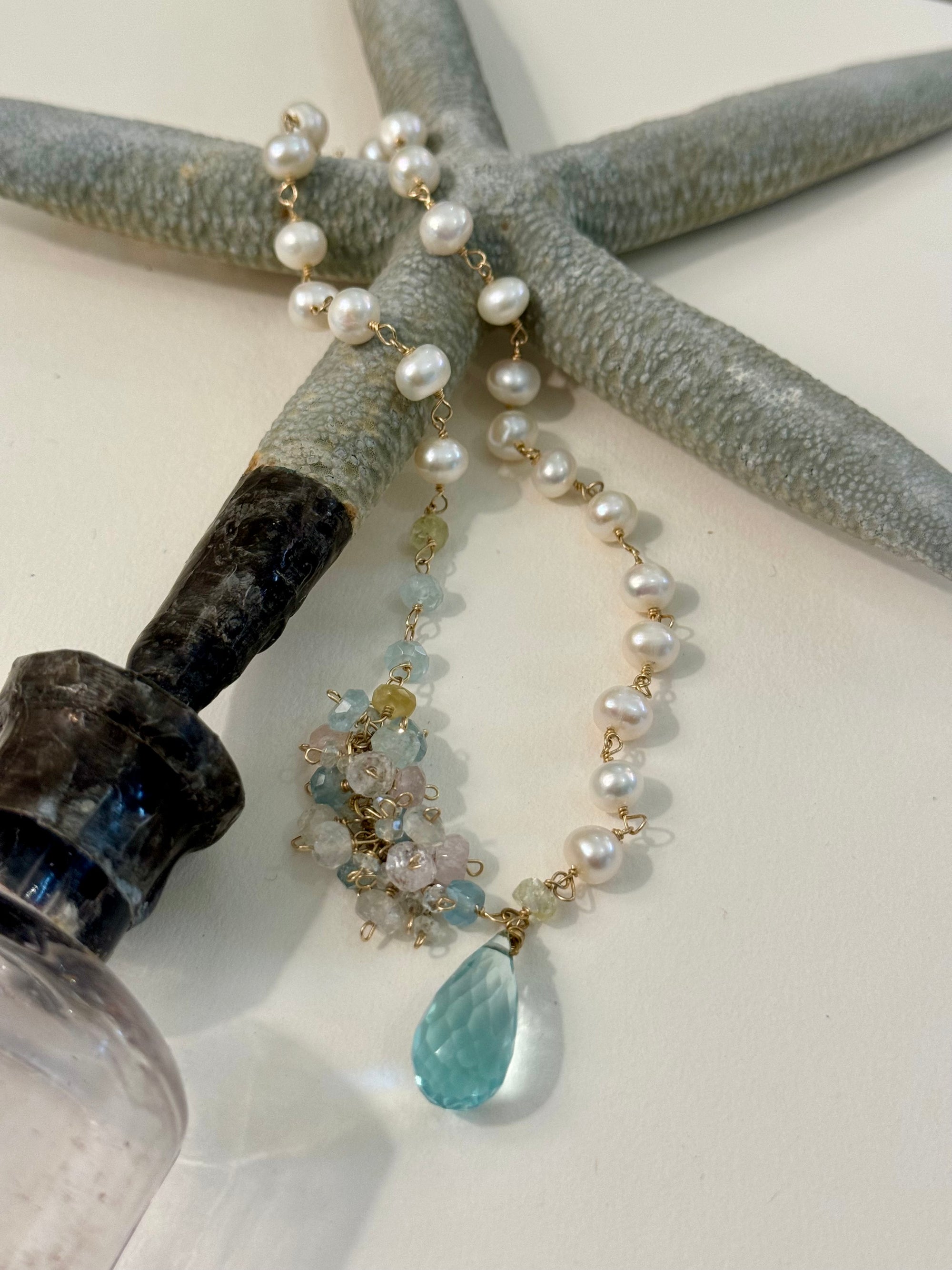 Aquamarine Briolette & Pearl Necklace