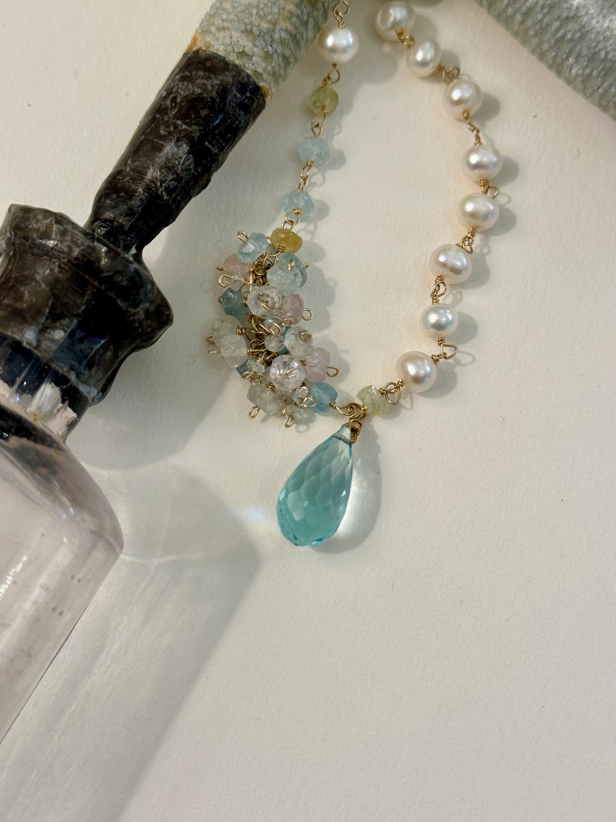 Aquamarine Briolette & Pearl Necklace