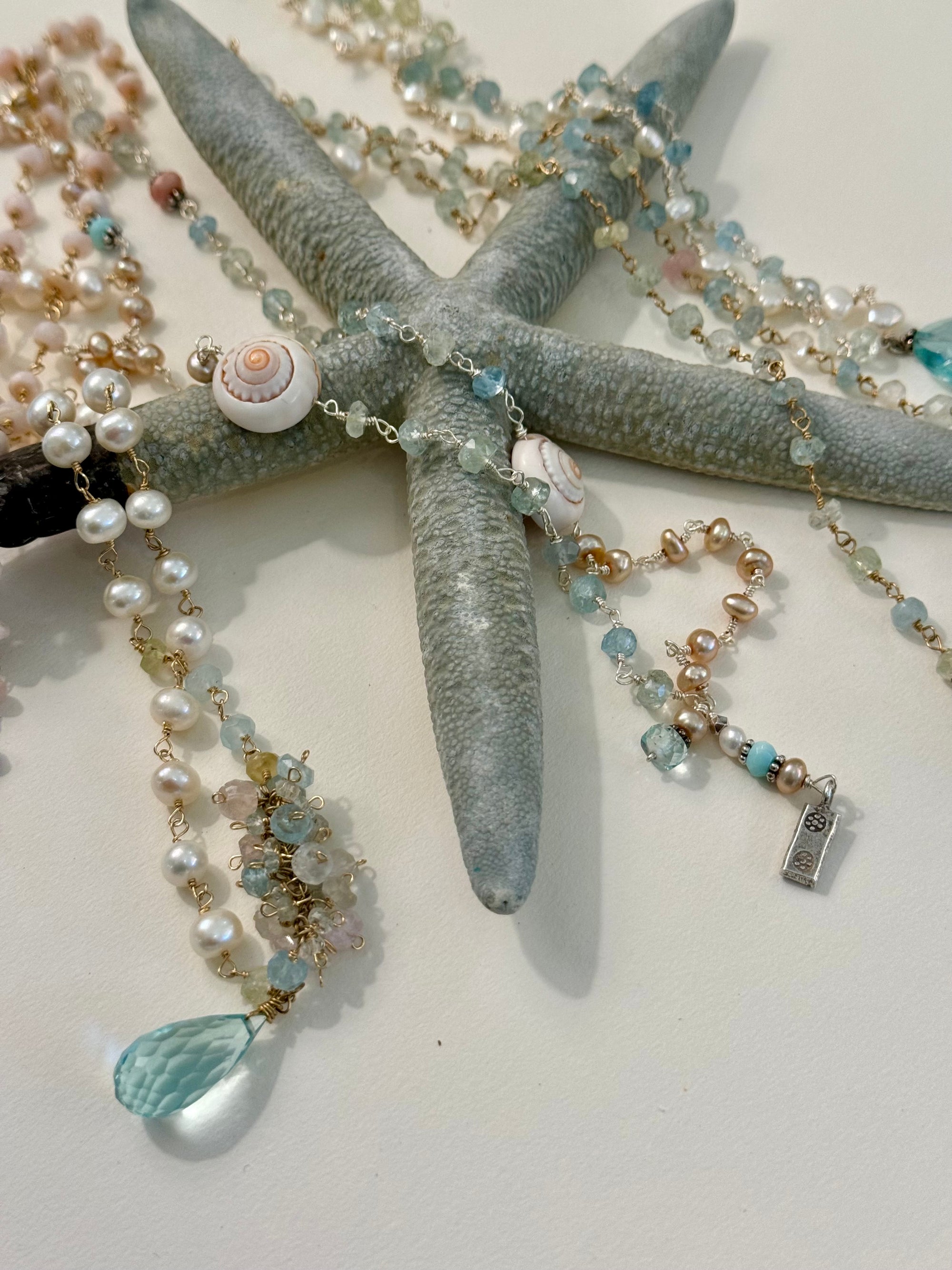 Aquamarine Briolette & Pearl Necklace