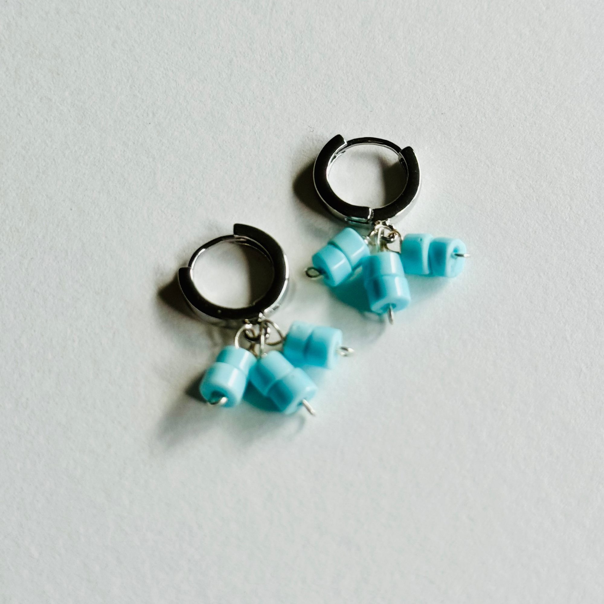 Light Blue Turquoise Heishi Silver Huggie Earrings