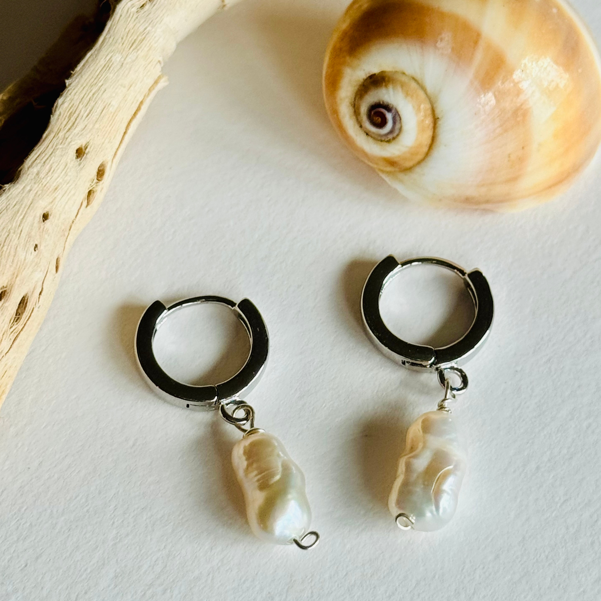 Oblong Pearl Silver Huggie Earrings