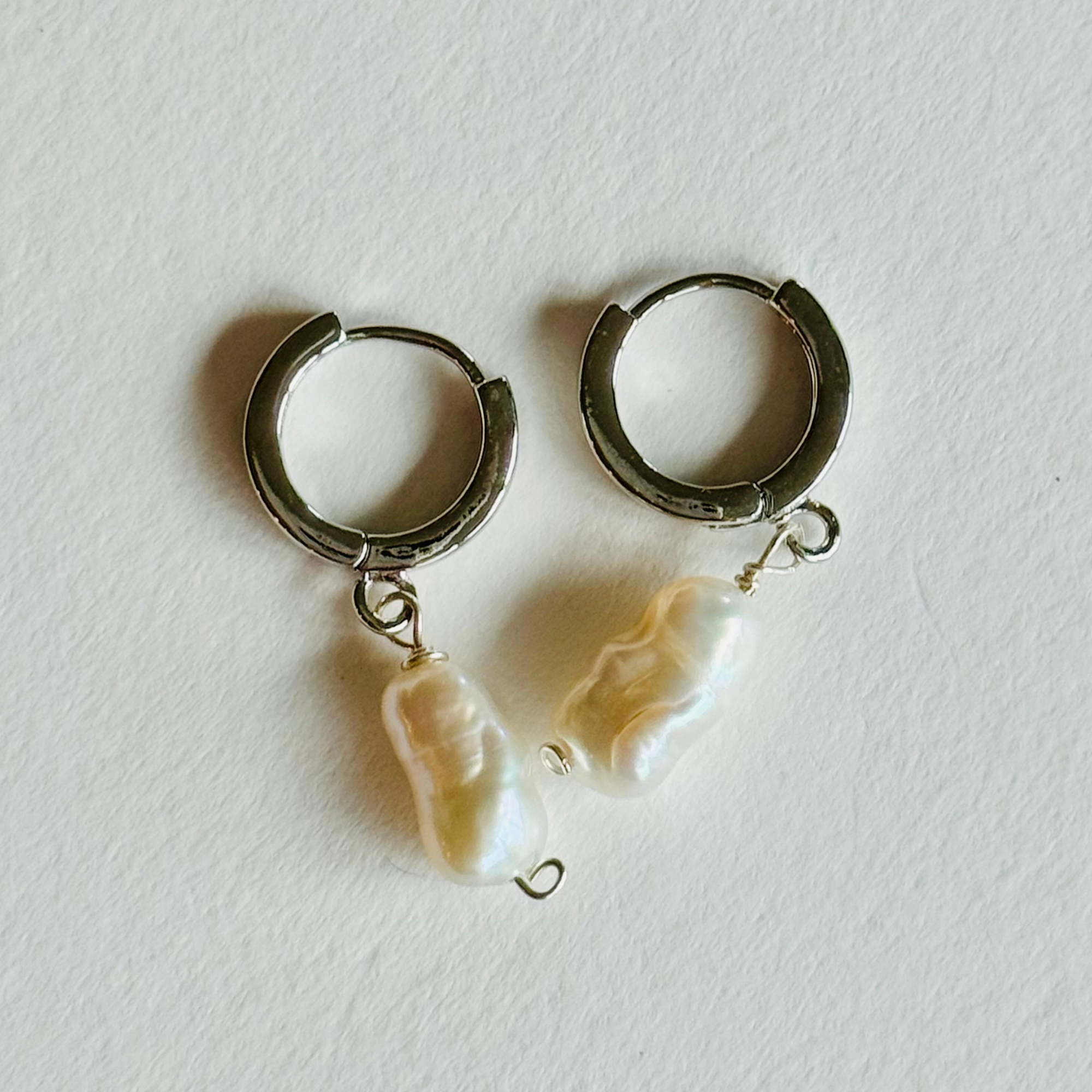 Oblong Pearl Silver Huggie Earrings