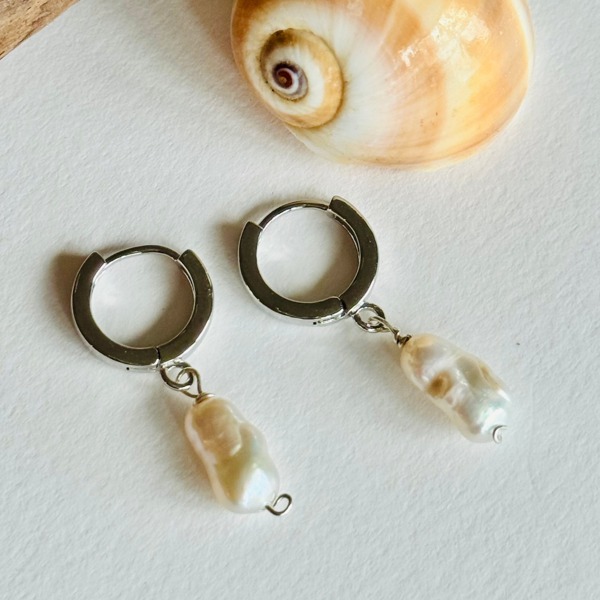 Oblong Pearl Silver Huggie Earrings