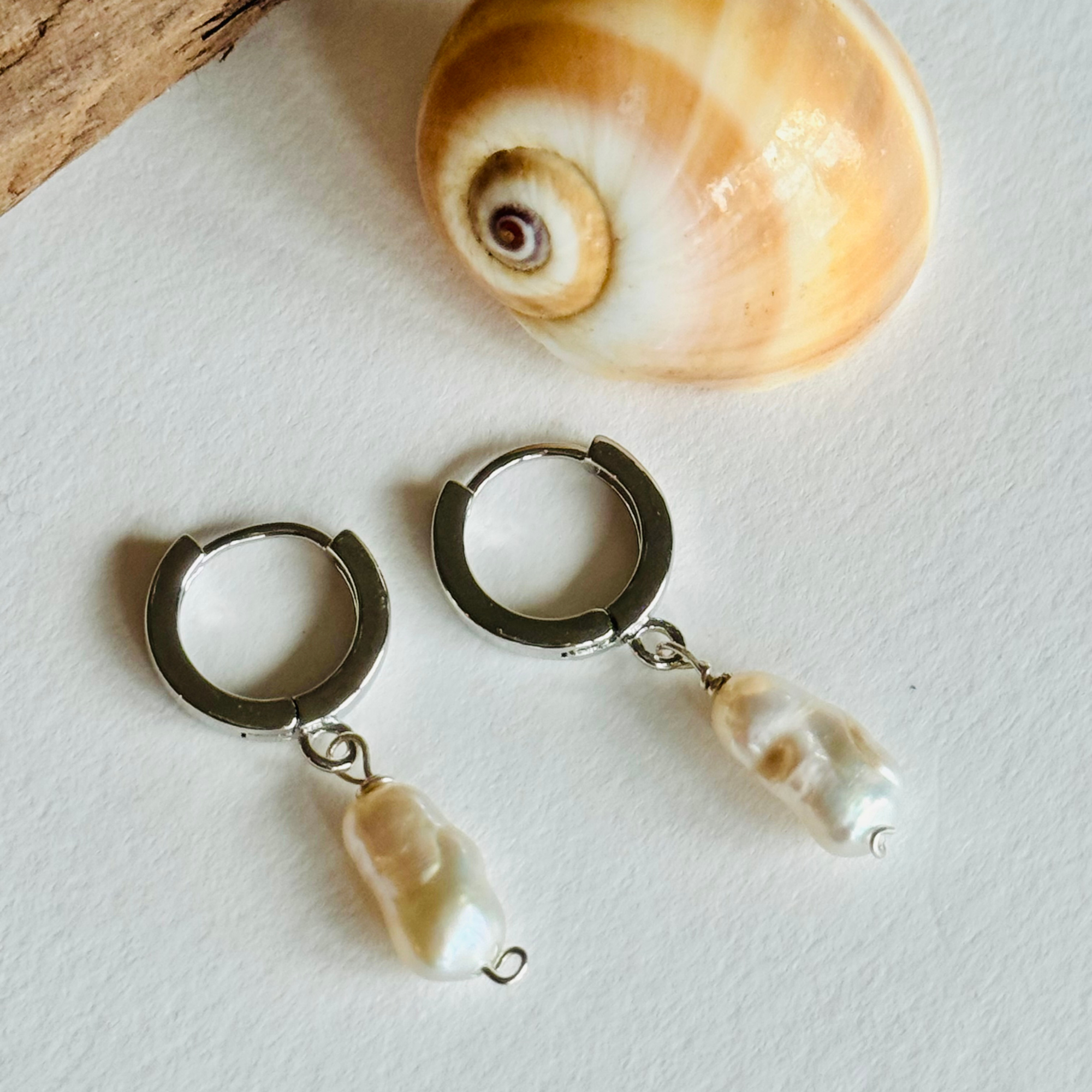 Oblong Pearl Silver Huggie Earrings