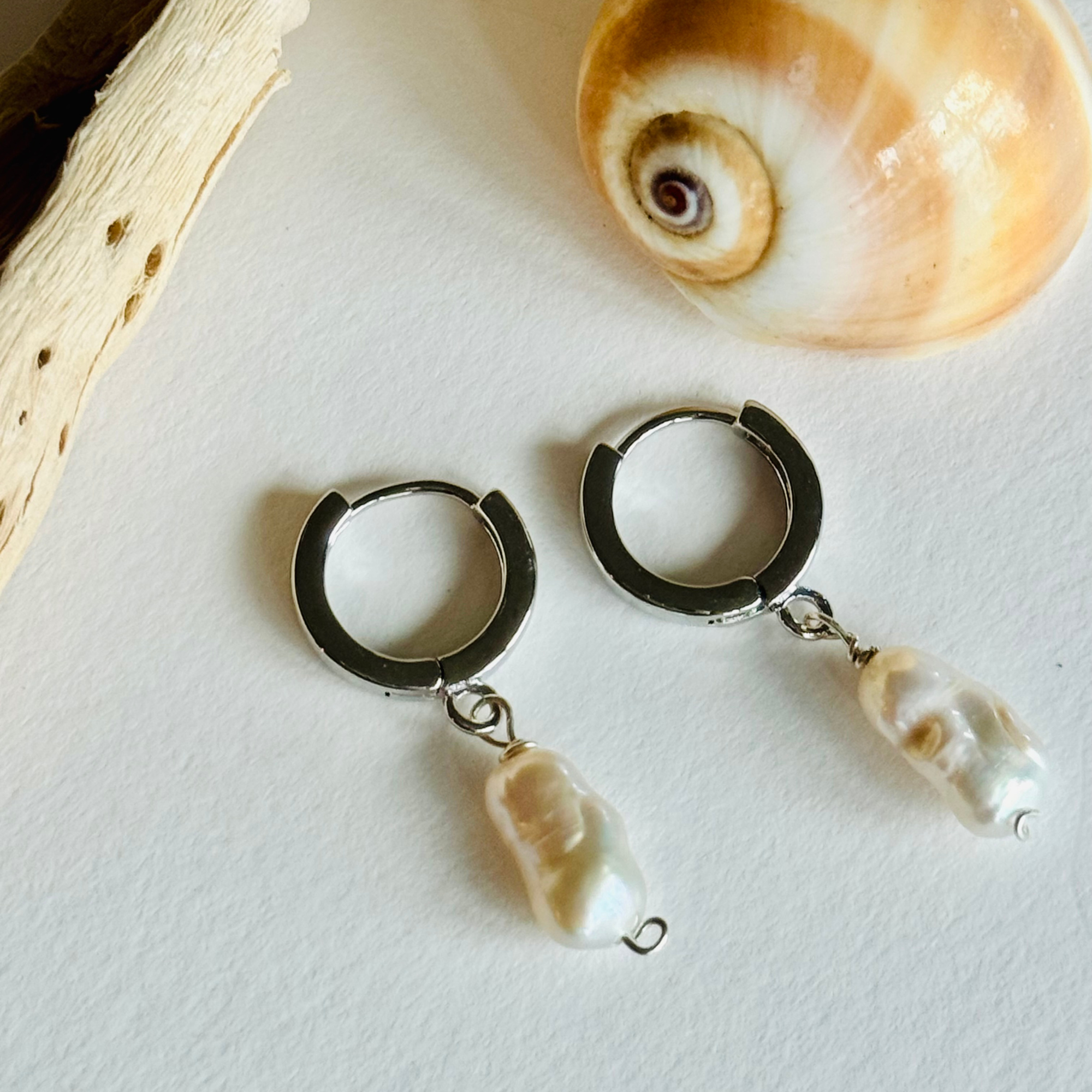 Oblong Pearl Silver Huggie Earrings