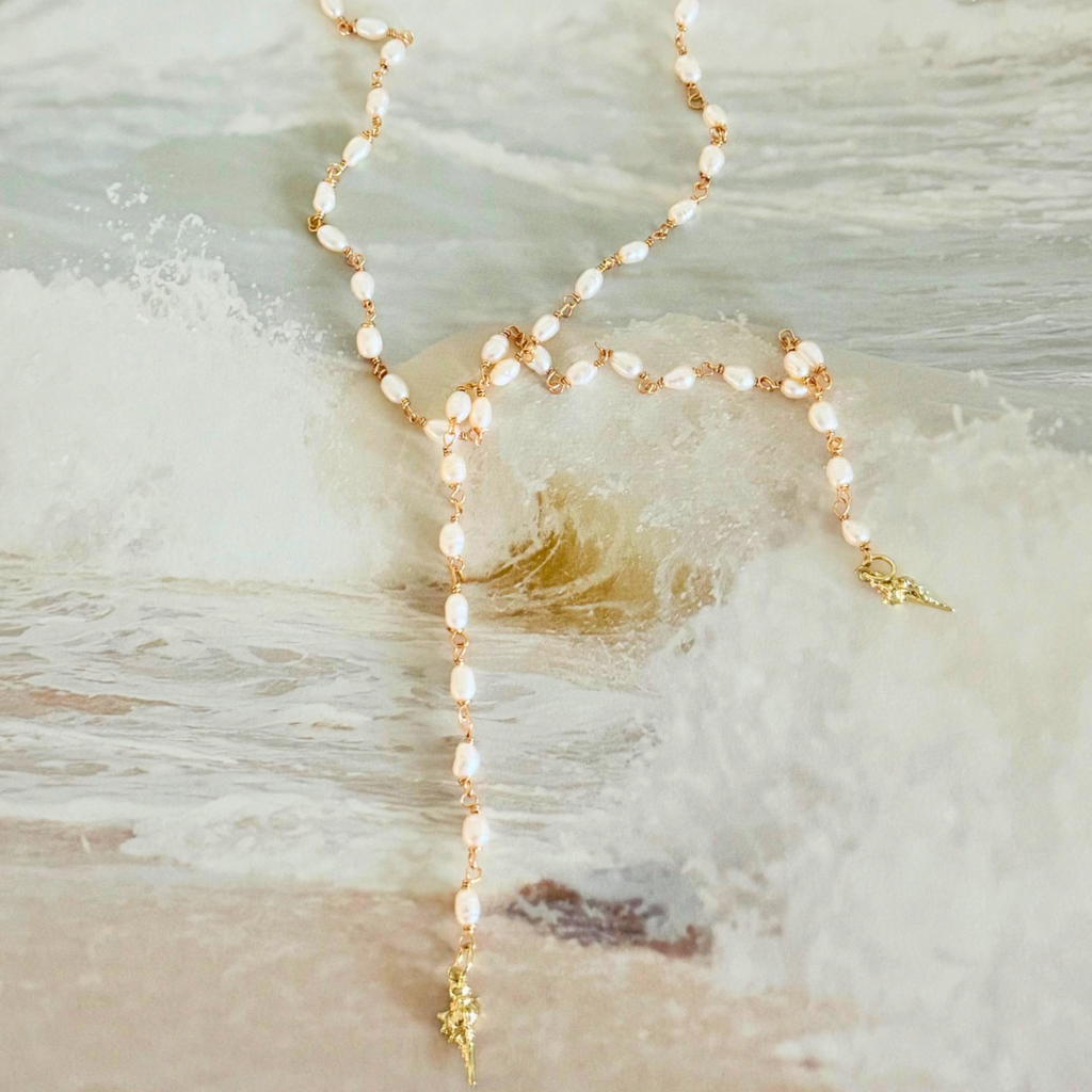 Pearl Lariat Necklace with Seashell Charms