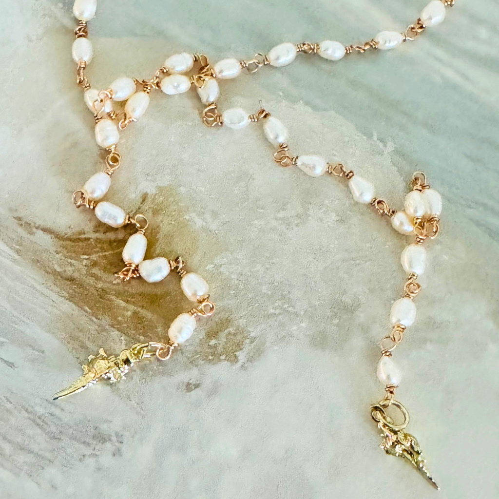 Pearl Lariat Necklace with Seashell Charms