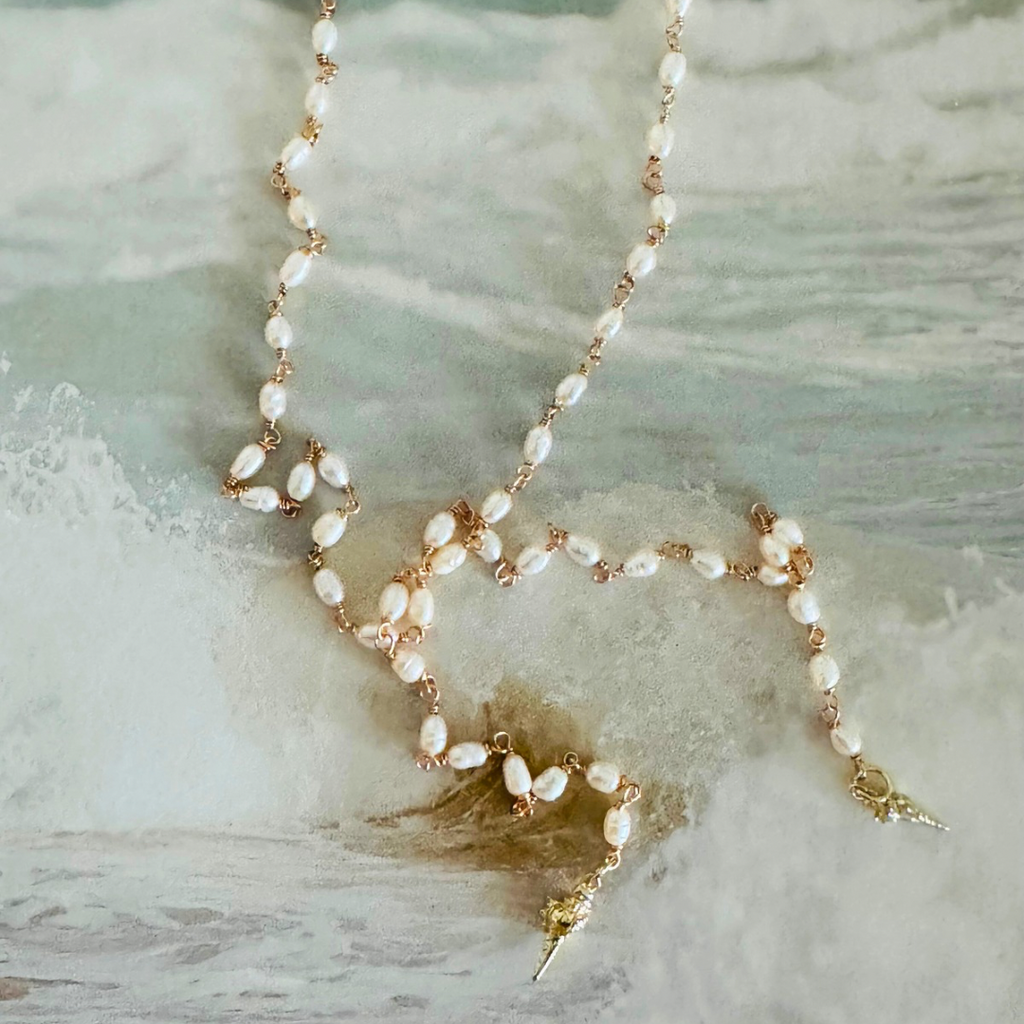 Pearl Lariat Necklace with Seashell Charms