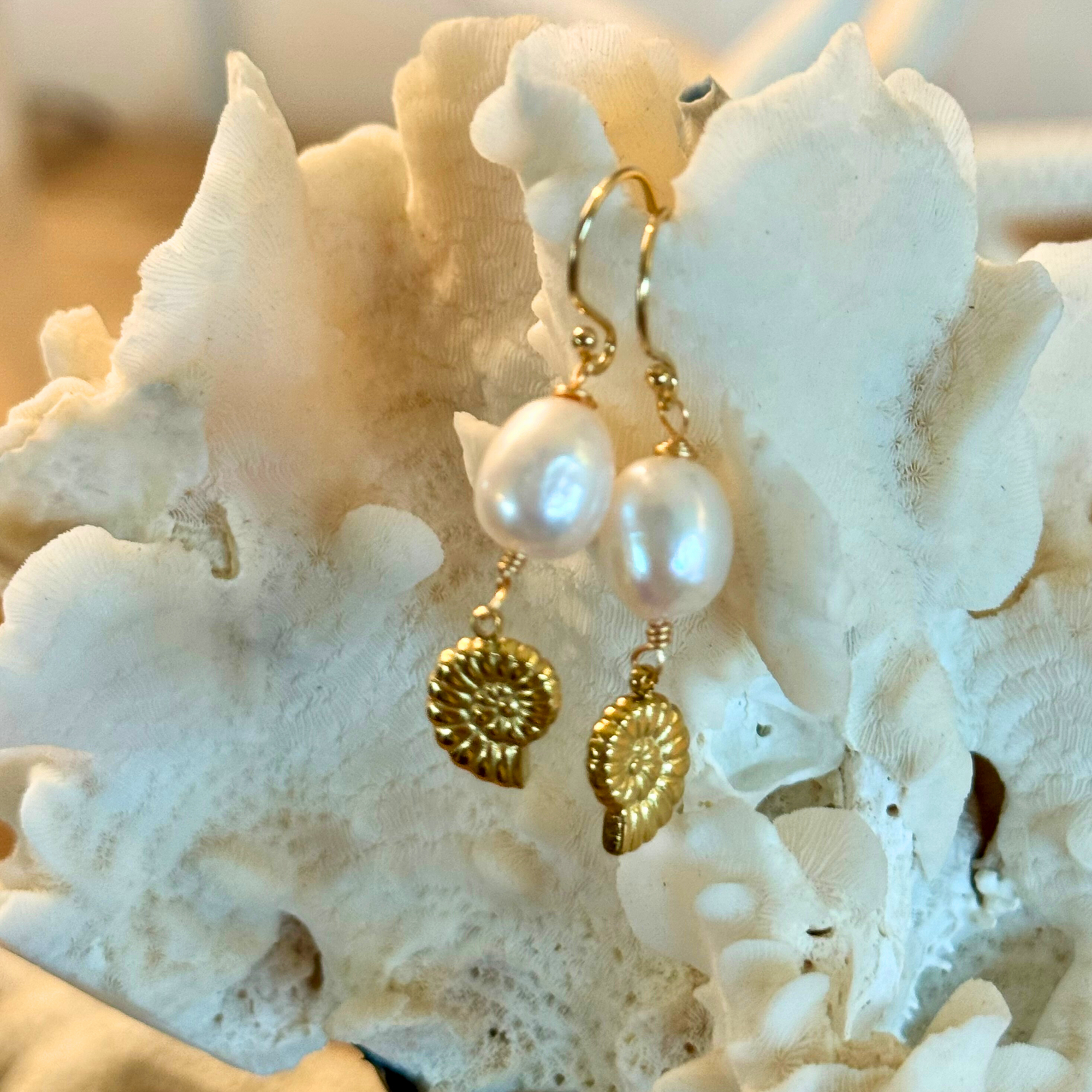 Golden Nautilus & Freshwater Pearl Drop Earrings