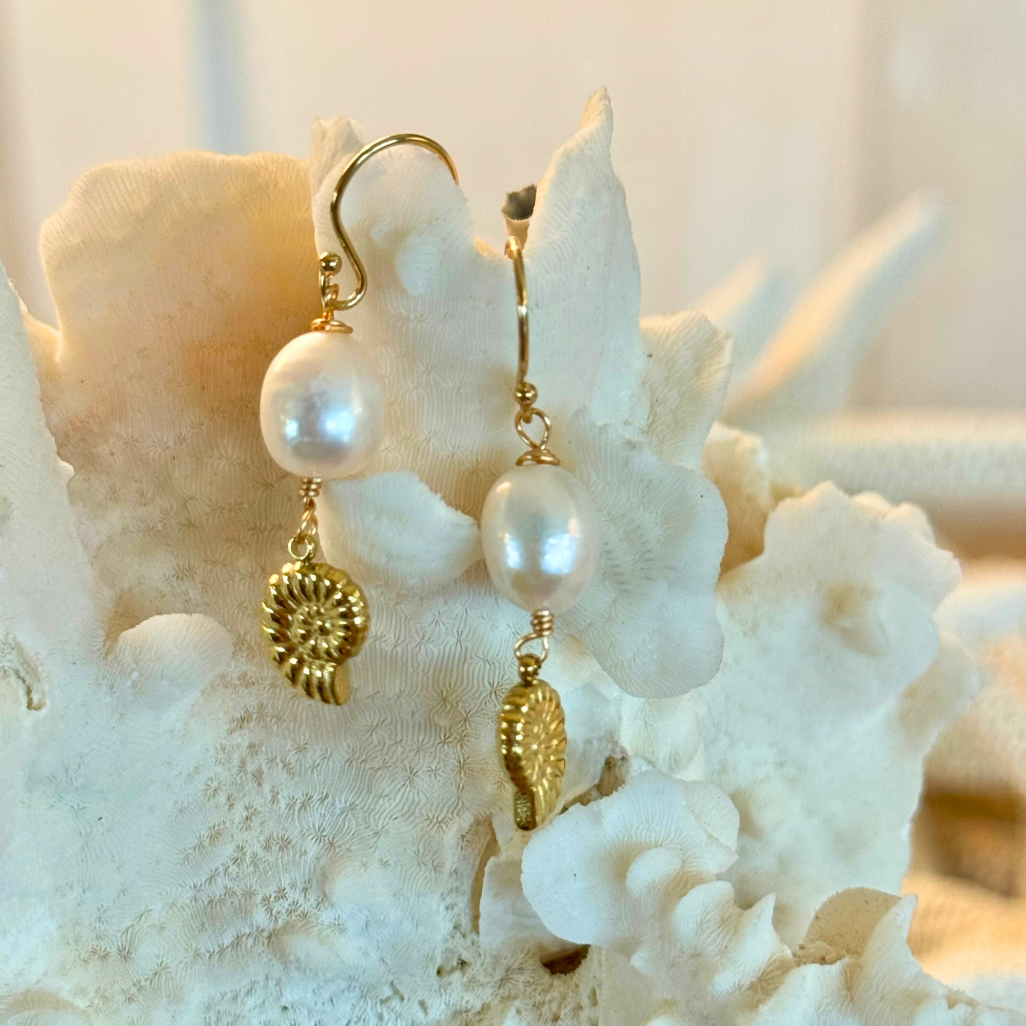Golden Nautilus & Freshwater Pearl Drop Earrings