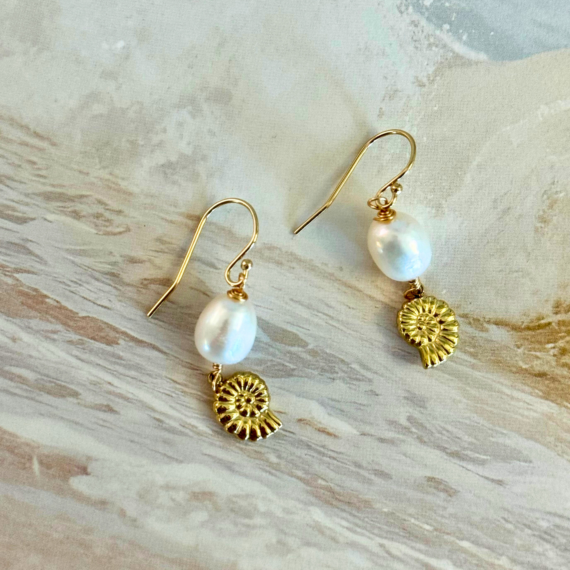 Golden Nautilus & Freshwater Pearl Drop Earrings
