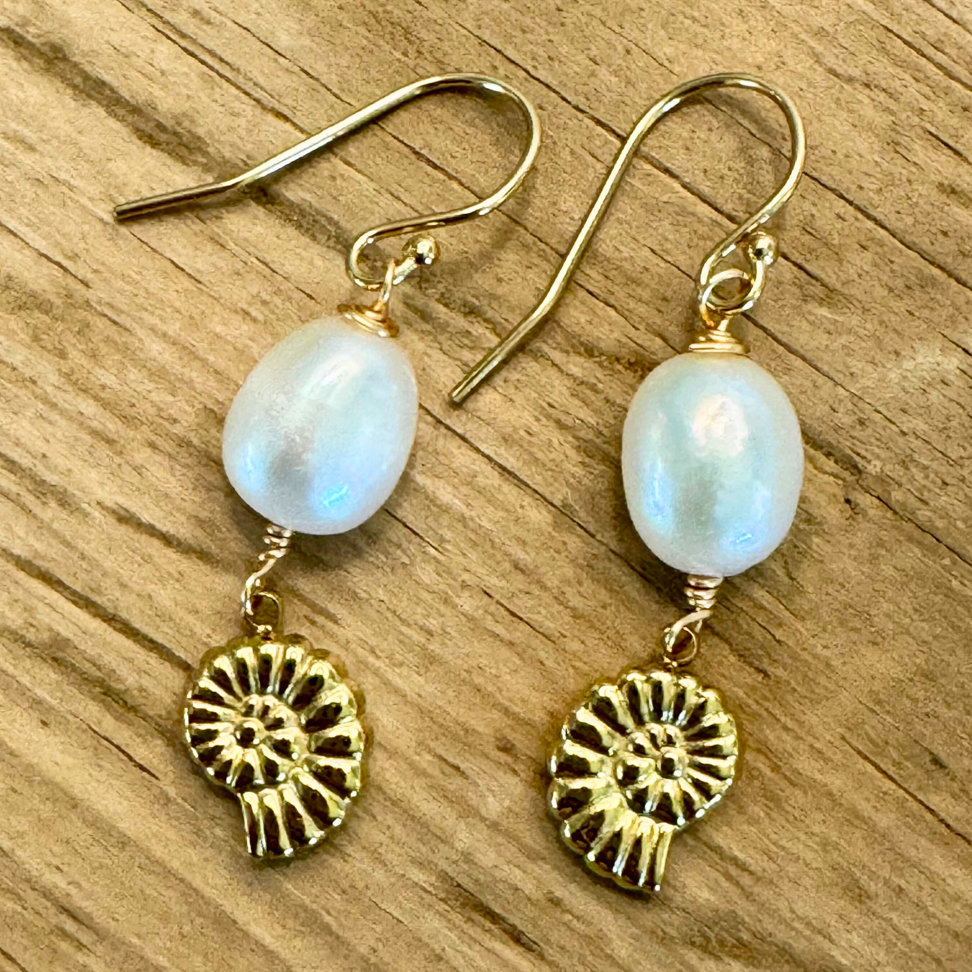 Golden Nautilus & Freshwater Pearl Drop Earrings