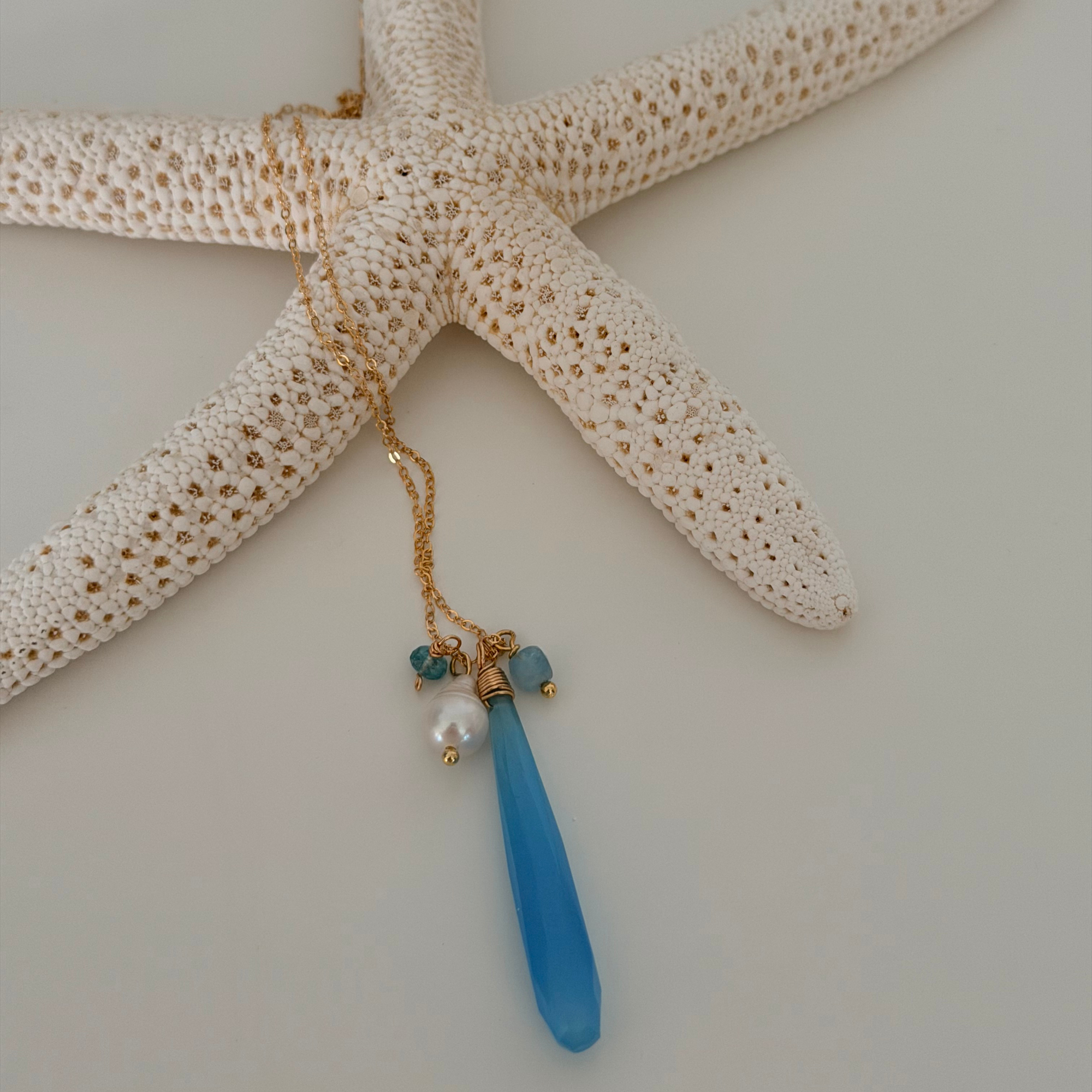 Santorini Teardrop necklace on delicate gold chain 