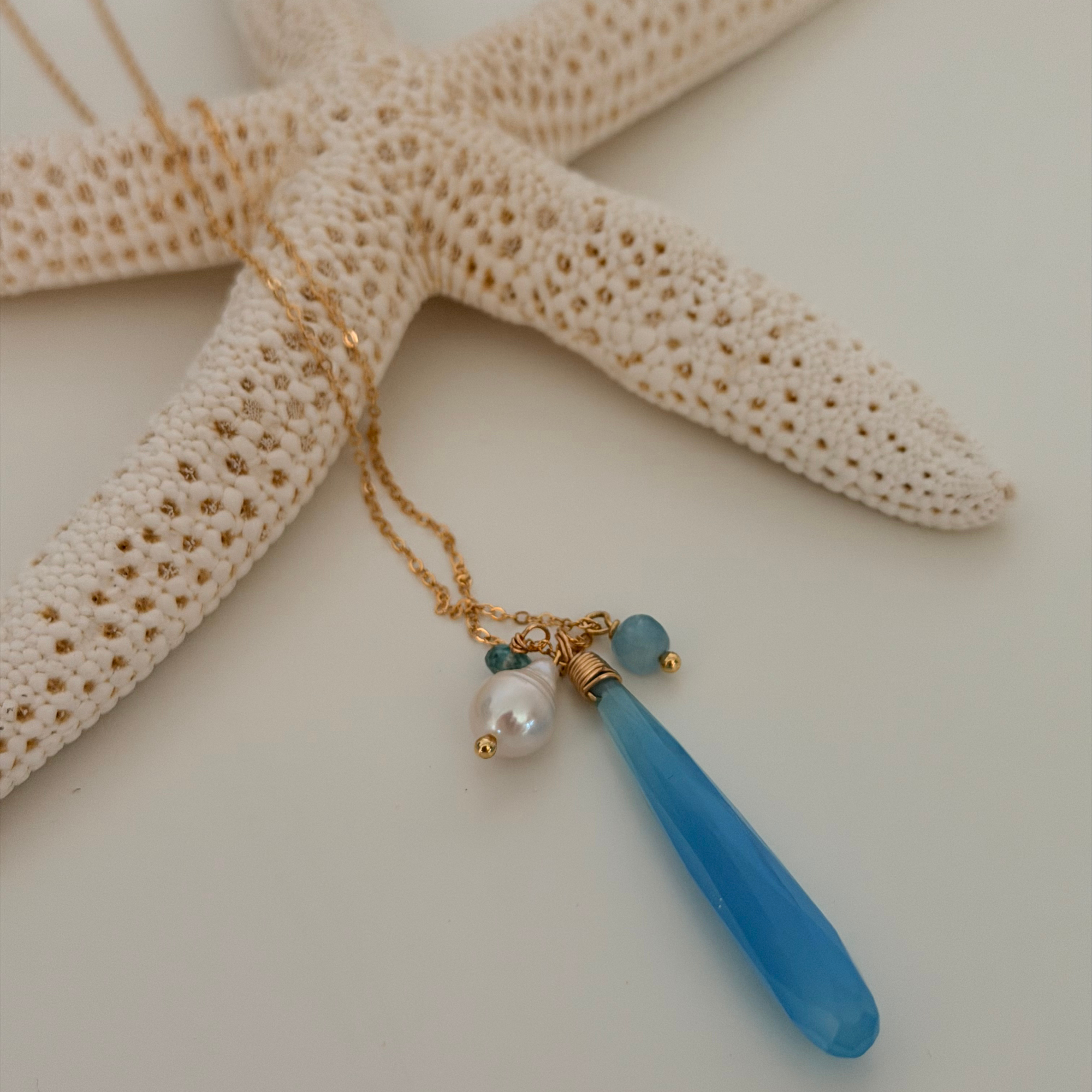 Santorini Teardrop necklace on delicate gold chain 