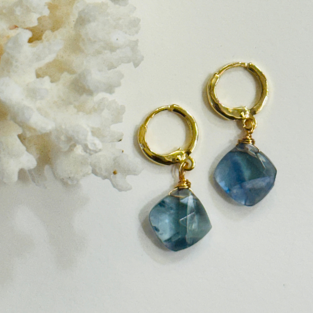 A pair of earrings with a genuine teal fluorite gemstone on each 14k gold filled huggie hoop is displayed on a white background and framed by white coral.