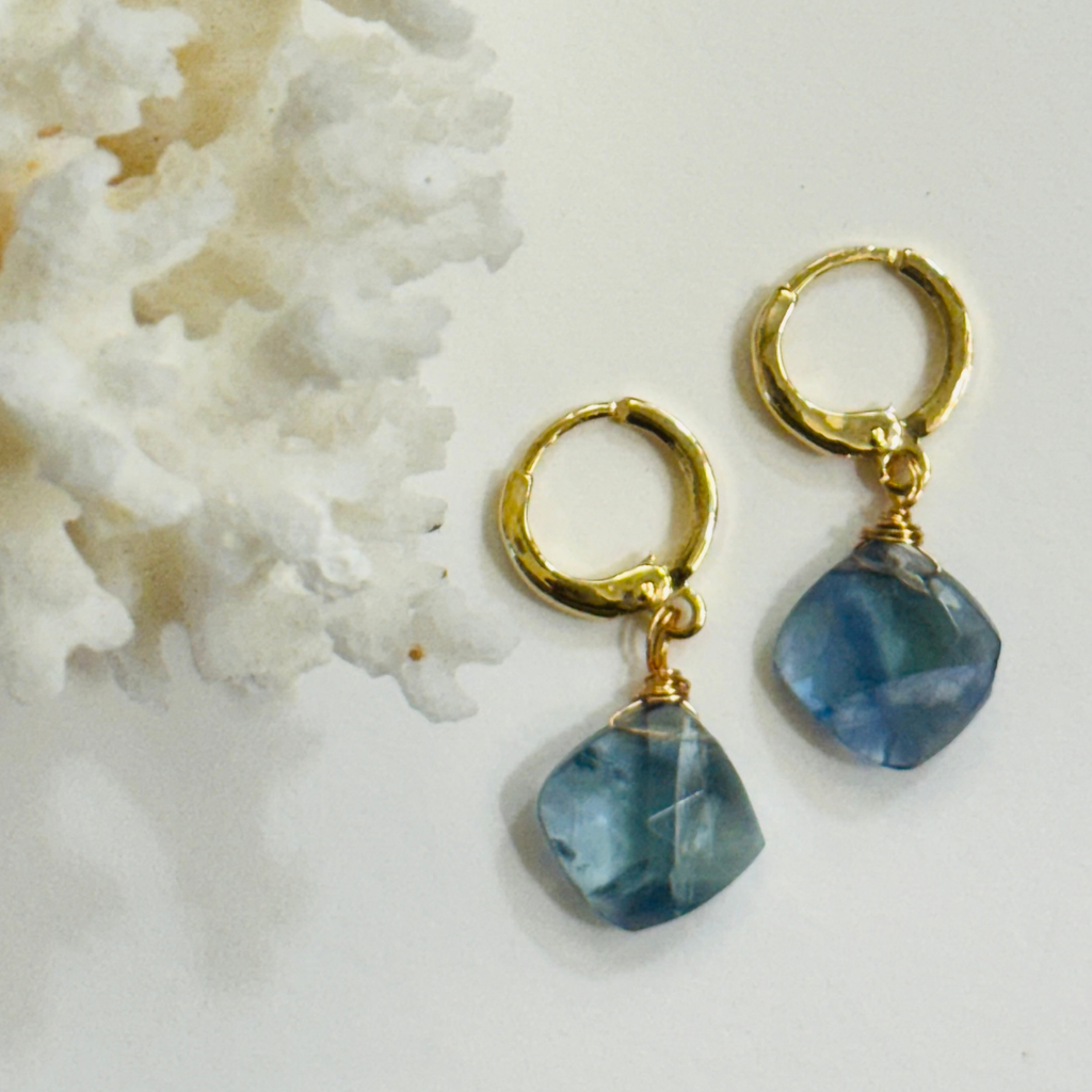 A pair of earrings with a genuine teal fluorite gemstone on each 14k gold filled huggie hoop is displayed on a white background and framed by white coral.
